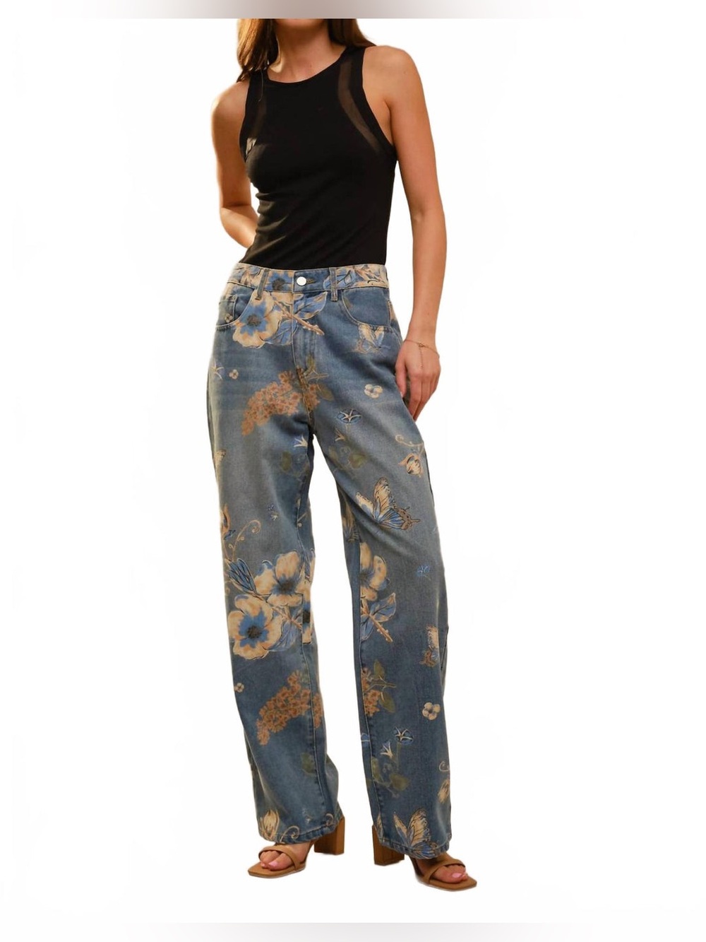 blue b. High-Rise Floral Wide-Leg Jeans
